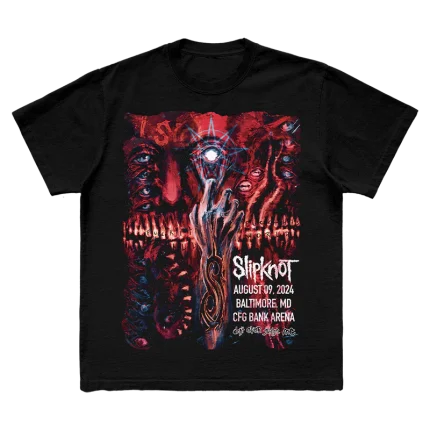 Get the exclusive Slipknot 2024 Baltimore, MD tour t-shirt in black. This limited-edition tee showcases unique city-specific artwork on the front and a striking 25th anniversary tribal S logo on the back. Ideal for fans marking a quarter-century of Slipknot’s legacy. Order now to celebrate in style!
