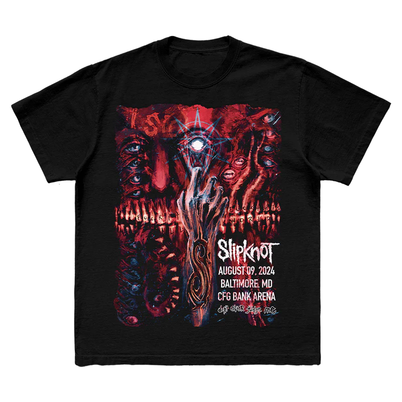 Get the exclusive Slipknot 2024 Baltimore, MD tour t-shirt in black. This limited-edition tee showcases unique city-specific artwork on the front and a striking 25th anniversary tribal S logo on the back. Ideal for fans marking a quarter-century of Slipknot’s legacy. Order now to celebrate in style!