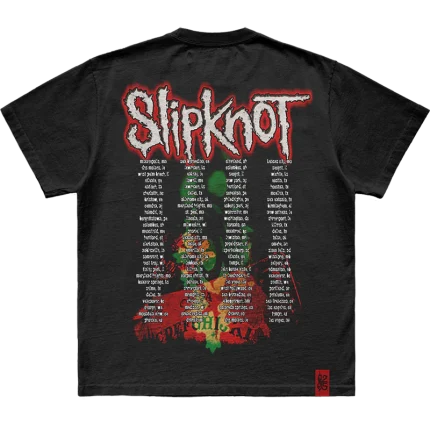 Unleash your bold side with the 'Electric Chair Splatter' Slipknot t-shirt. This black tee features an eye-catching splatter graphic inspired by the electric chair theme on the front and the iconic 25th anniversary tribal S logo on the back. A perfect choice for fans who want to showcase their intense passion for Slipknot. Get yours now!