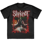 Unleash your bold side with the 'Electric Chair Splatter' Slipknot t-shirt. This black tee features an eye-catching splatter graphic inspired by the electric chair theme on the front and the iconic 25th anniversary tribal S logo on the back. A perfect choice for fans who want to showcase their intense passion for Slipknot. Get yours now!