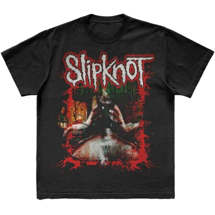 Unleash your bold side with the 'Electric Chair Splatter' Slipknot t-shirt. This black tee features an eye-catching splatter graphic inspired by the electric chair theme on the front and the iconic 25th anniversary tribal S logo on the back. A perfect choice for fans who want to showcase their intense passion for Slipknot. Get yours now!
