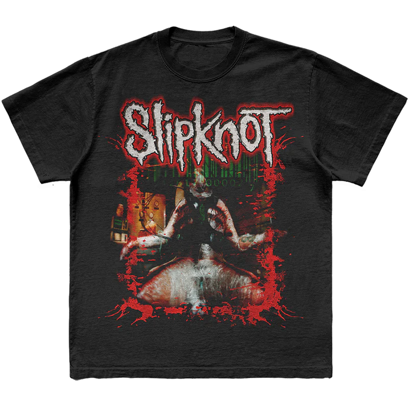Unleash your bold side with the 'Electric Chair Splatter' Slipknot t-shirt. This black tee features an eye-catching splatter graphic inspired by the electric chair theme on the front and the iconic 25th anniversary tribal S logo on the back. A perfect choice for fans who want to showcase their intense passion for Slipknot. Get yours now!