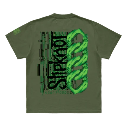 Show your Slipknot pride with the '9 Star' military green t-shirt. Featuring a unique 9-star design on the front and the iconic 25th anniversary tribal S logo on the back, this shirt blends a rugged military look with a tribute to Slipknot's legacy. Perfect for fans who want to stand out and celebrate in style. Order yours today!