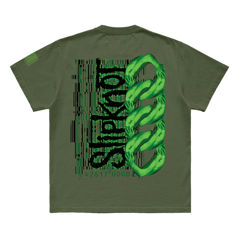 Show your Slipknot pride with the '9 Star' military green t-shirt. Featuring a unique 9-star design on the front and the iconic 25th anniversary tribal S logo on the back, this shirt blends a rugged military look with a tribute to Slipknot's legacy. Perfect for fans who want to stand out and celebrate in style. Order yours today!