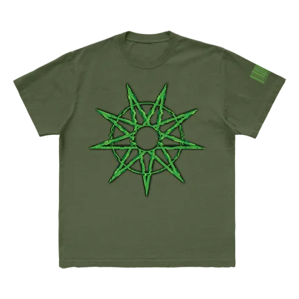 Show your Slipknot pride with the '9 Star' military green t-shirt. Featuring a unique 9-star design on the front and the iconic 25th anniversary tribal S logo on the back, this shirt blends a rugged military look with a tribute to Slipknot's legacy. Perfect for fans who want to stand out and celebrate in style. Order yours today!