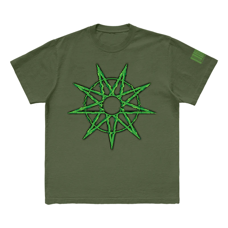 Show your Slipknot pride with the '9 Star' military green t-shirt. Featuring a unique 9-star design on the front and the iconic 25th anniversary tribal S logo on the back, this shirt blends a rugged military look with a tribute to Slipknot's legacy. Perfect for fans who want to stand out and celebrate in style. Order yours today!