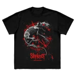 Black t-shirt featuring city specific Slipknot 2024 tour artwork for New York City on front and a 25th anniversary tribal S logo on back