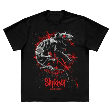 Black t-shirt featuring city specific Slipknot 2024 tour artwork for New York City on front and a 25th anniversary tribal S logo on back