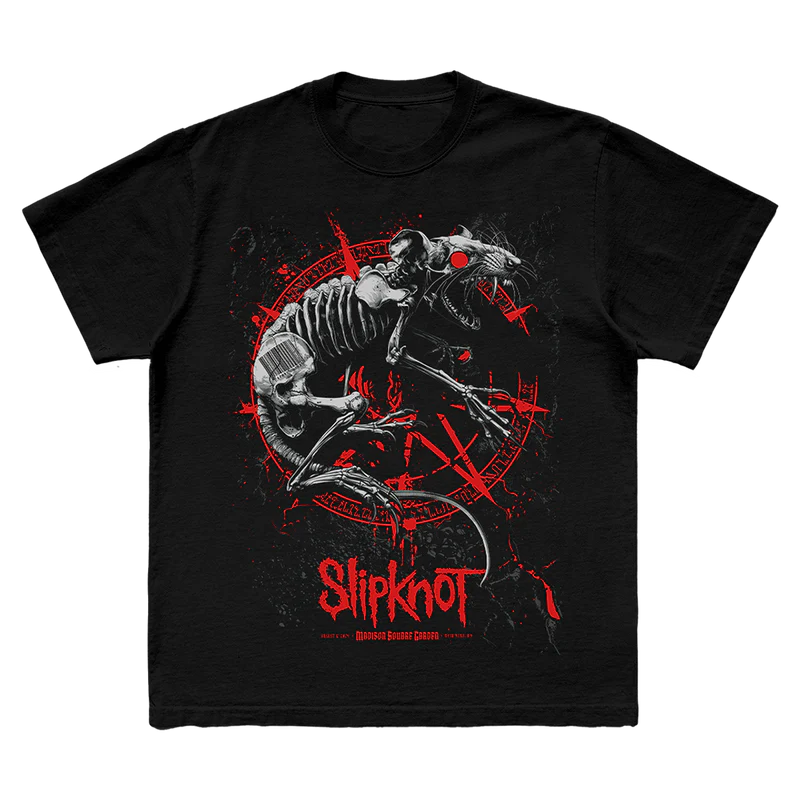 Black t-shirt featuring city specific Slipknot 2024 tour artwork for New York City on front and a 25th anniversary tribal S logo on back