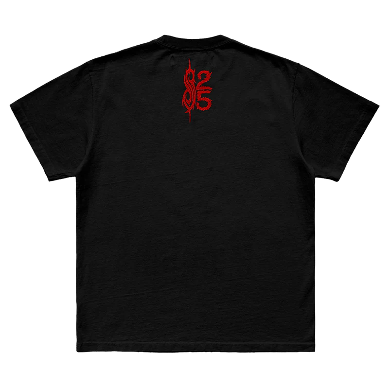 Black t-shirt featuring city specific Slipknot 2024 tour artwork for New York City on front and a 25th anniversary tribal S logo on back