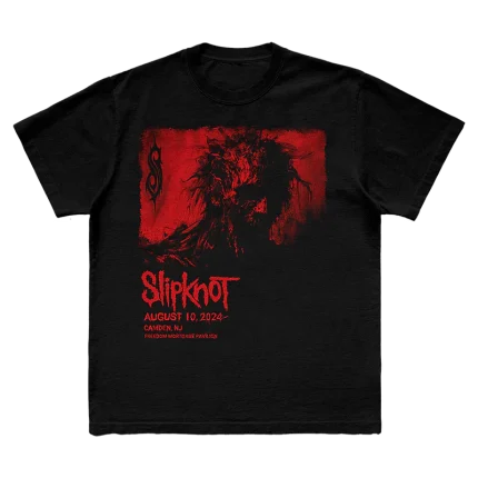 Shop the exclusive Slipknot 2024 Camden, NJ tour t-shirt in black. Featuring unique city-specific artwork on the front and a 25th anniversary tribal S logo on the back. Perfect for fans celebrating a quarter-century of Slipknot's iconic music. Grab yours now and show your support!