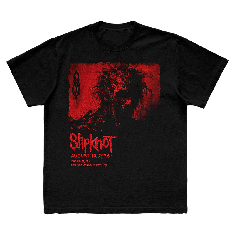 Shop the exclusive Slipknot 2024 Camden, NJ tour t-shirt in black. Featuring unique city-specific artwork on the front and a 25th anniversary tribal S logo on the back. Perfect for fans celebrating a quarter-century of Slipknot's iconic music. Grab yours now and show your support!