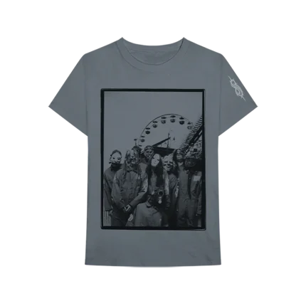 Discover the Slipknot gray unisex short sleeve tee featuring a captivating amusement park band photo on the front and a striking 9-point star design on the back. Ideal for fans of Slipknot who want to showcase their passion with a unique, stylish shirt. Perfect for casual wear or adding to your Slipknot collection. Shop now!