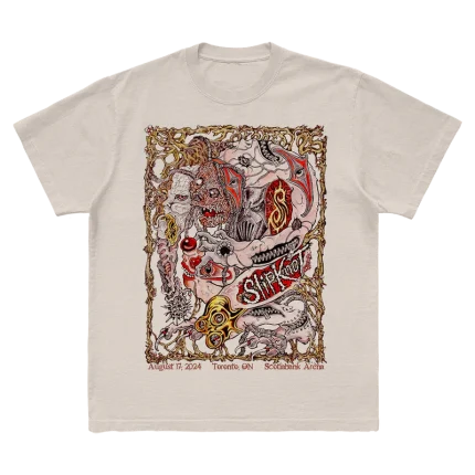 Cream t-shirt featuring city specific Slipknot 2024 tour artwork for Toronto, ON on front and a 25th anniversary tribal S logo on back