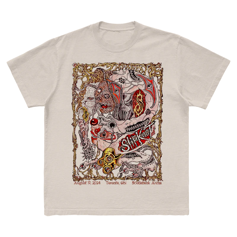 Cream t-shirt featuring city specific Slipknot 2024 tour artwork for Toronto, ON on front and a 25th anniversary tribal S logo on back