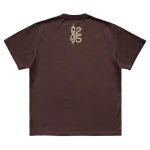 Brown t-shirt featuring city specific Slipknot 2024 tour artwork for Mansfield, MA on front and a 25th anniversary tribal S logo on back