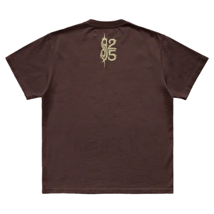 Brown t-shirt featuring city specific Slipknot 2024 tour artwork for Mansfield, MA on front and a 25th anniversary tribal S logo on back