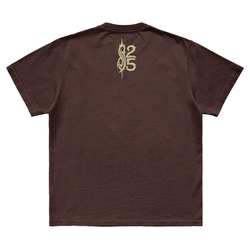 Brown t-shirt featuring city specific Slipknot 2024 tour artwork for Mansfield, MA on front and a 25th anniversary tribal S logo on back