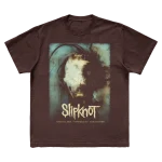 Brown t-shirt featuring city specific Slipknot 2024 tour artwork for Mansfield, MA on front and a 25th anniversary tribal S logo on back