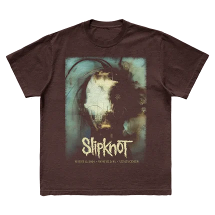 Brown t-shirt featuring city specific Slipknot 2024 tour artwork for Mansfield, MA on front and a 25th anniversary tribal S logo on back