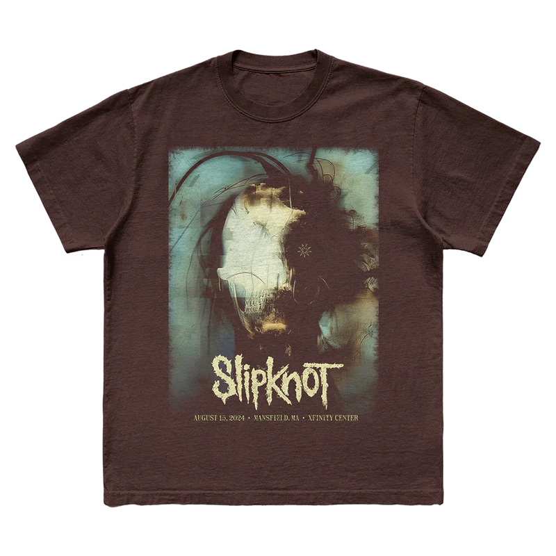 Brown t-shirt featuring city specific Slipknot 2024 tour artwork for Mansfield, MA on front and a 25th anniversary tribal S logo on back