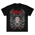 Black t-shirt featuring city specific Slipknot 2024 tour artwork for Gilford, NH on front and a 25th anniversary tribal S logo on back