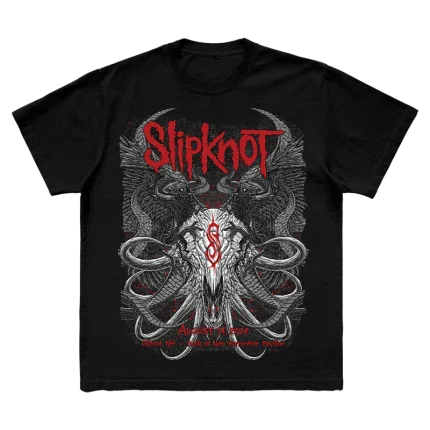 Black t-shirt featuring city specific Slipknot 2024 tour artwork for Gilford, NH on front and a 25th anniversary tribal S logo on back