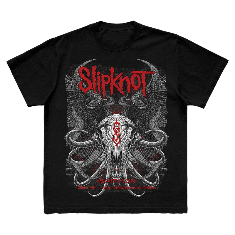 Black t-shirt featuring city specific Slipknot 2024 tour artwork for Gilford, NH on front and a 25th anniversary tribal S logo on back