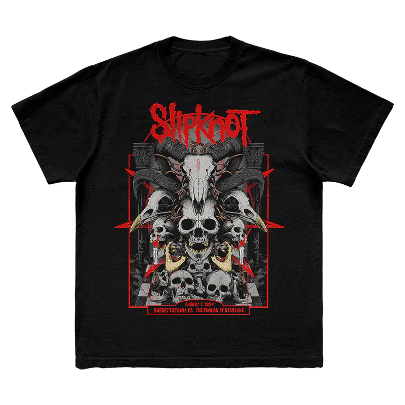 Get ready for Slipknot’s 2024 tour with the exclusive Burgettstown t-shirt. This black tee features unique Burgettstown tour artwork on the front and a bold 25th anniversary tribal S logo on the back. Perfect for fans looking to commemorate the tour and celebrate Slipknot's 25 years of music.