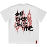 Make a statement with the 'Don't Ever Judge Me' Slipknot photo t-shirt. Featuring a powerful, striking image on the front and the 25th anniversary tribal S logo on the back, this black tee combines intense visuals with a tribute to Slipknot's legacy. Perfect for fans who stand strong and true. Grab yours today!