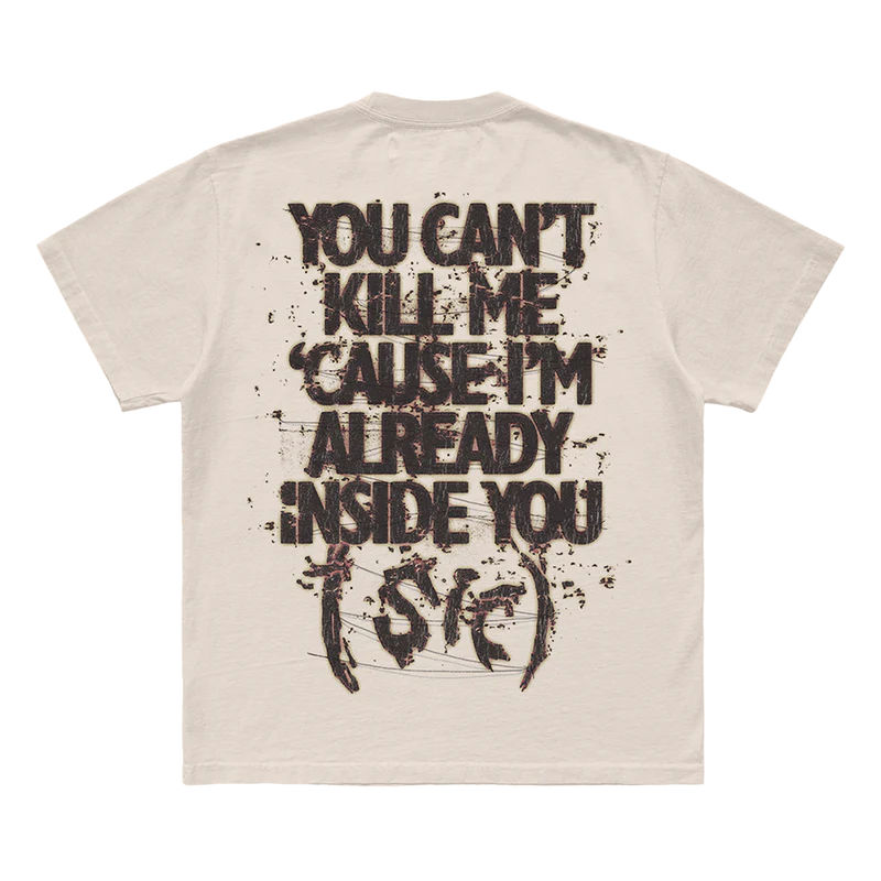 Show your allegiance with the 'You Can’t Kill Me' Slipknot t-shirt. Featuring powerful artwork on the front and the signature 25th anniversary tribal S logo on the back, this black tee embodies the band's relentless spirit. Perfect for fans who want to make a bold statement. Get yours now!