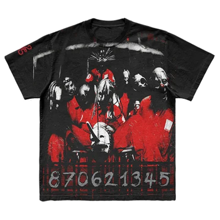 Black t-shirt with jumbo print featuring 'Slipknot' album artwork and barcode number on front, barcode and Slipknot logo graphic on back and a 25th anniversary logo on right sleeve