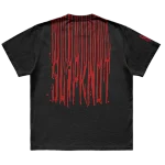 Black t-shirt with jumbo print featuring 'Slipknot' album artwork and barcode number on front, barcode and Slipknot logo graphic on back and a 25th anniversary logo on right sleeve