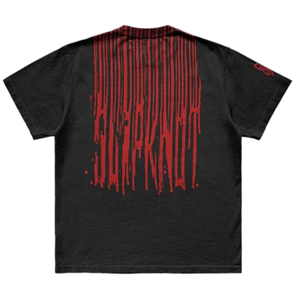 Black t-shirt with jumbo print featuring 'Slipknot' album artwork and barcode number on front, barcode and Slipknot logo graphic on back and a 25th anniversary logo on right sleeve