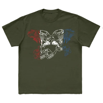 Dark green t-shirt with "You Can't Kill Me" eagle graphic on front and Slipknot Knotfest 2024 graphic on back