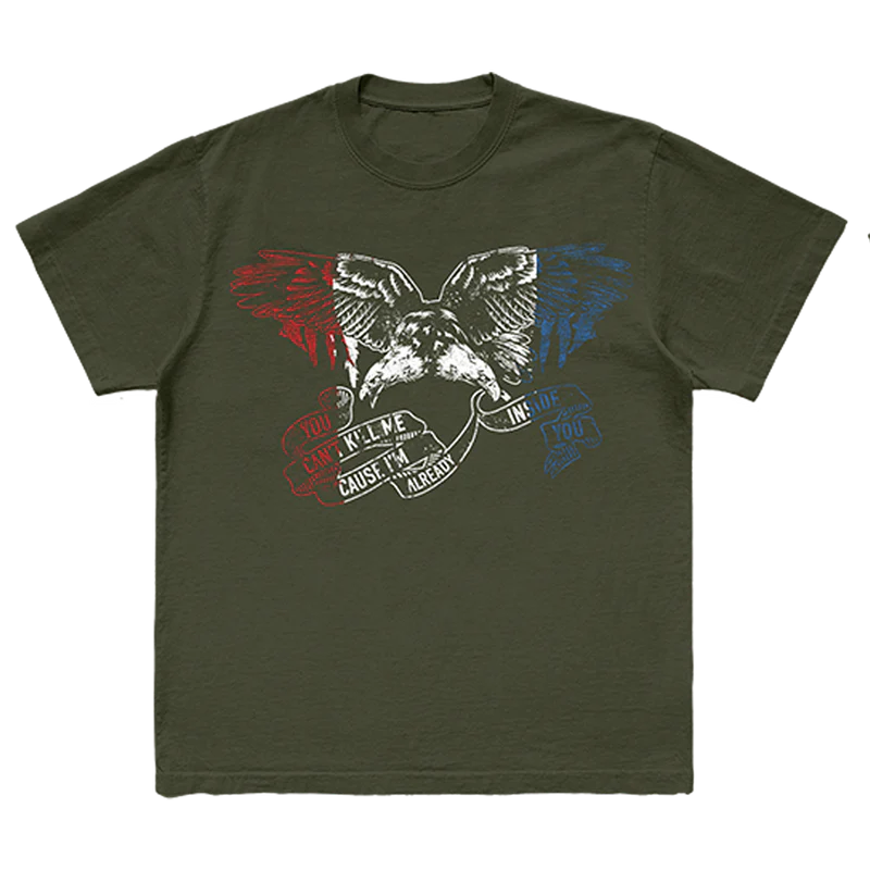 Dark green t-shirt with "You Can't Kill Me" eagle graphic on front and Slipknot Knotfest 2024 graphic on back