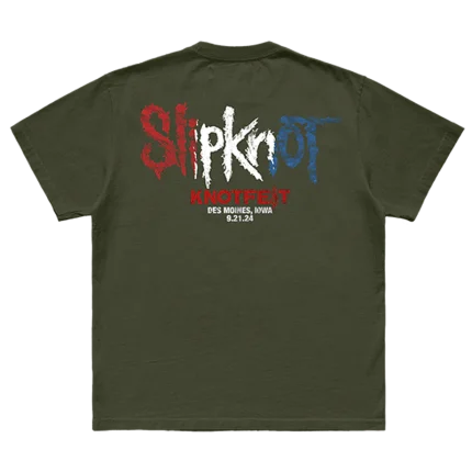 Dark green t-shirt with "You Can't Kill Me" eagle graphic on front and Slipknot Knotfest 2024 graphic on back