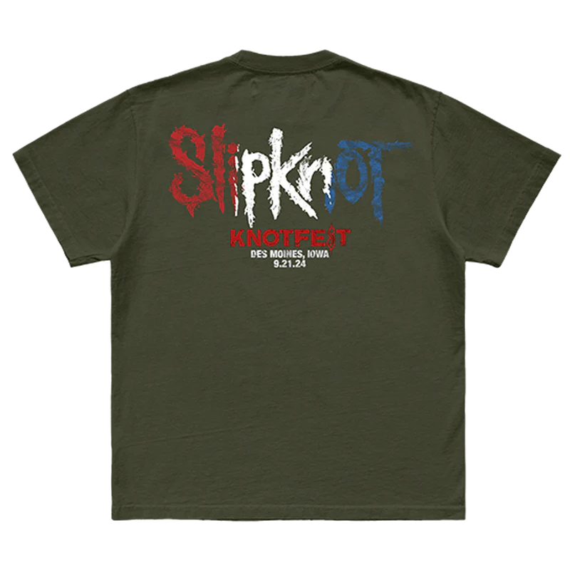 Dark green t-shirt with "You Can't Kill Me" eagle graphic on front and Slipknot Knotfest 2024 graphic on back