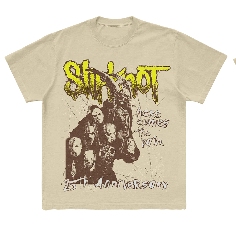 Tan t-shirt featuring a mask goat silhouette graphic with "Here Comes the Pain 25th Anniversary" on front and a goat silhouette on back