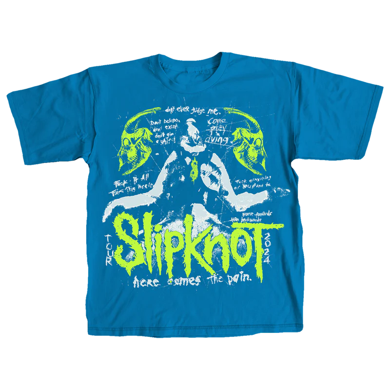 Inside out Blue t-shirt with Here Comes the Pain 2024 Tour graphic on front and a tribal S on back.