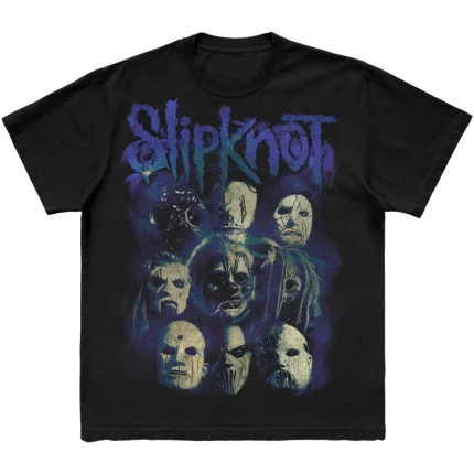 Black t-shirt with mask graphic on front and Here Comes The Pain graphic and 25th Anniversary World Tour cities listed on back
