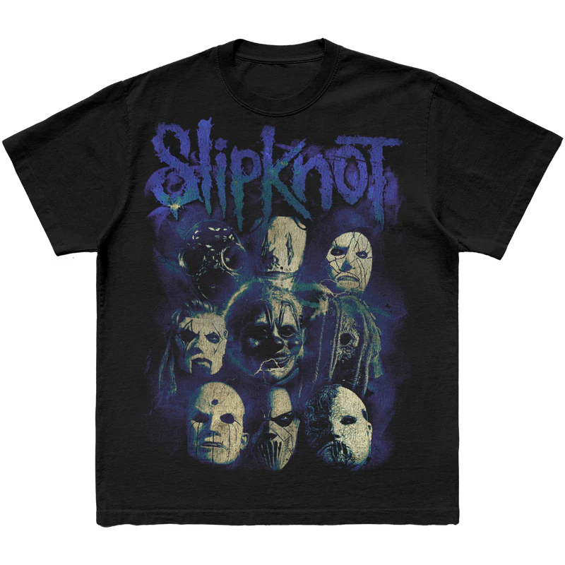 Black t-shirt with mask graphic on front and Here Comes The Pain graphic and 25th Anniversary World Tour cities listed on back