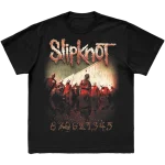 Black t-shirt with band portrait on front and tribal S with 25th Anniversary Here Comes The Pain World Tour cities listed on back
