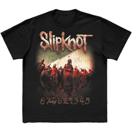 Black t-shirt with band portrait on front and tribal S with 25th Anniversary Here Comes The Pain World Tour cities listed on back