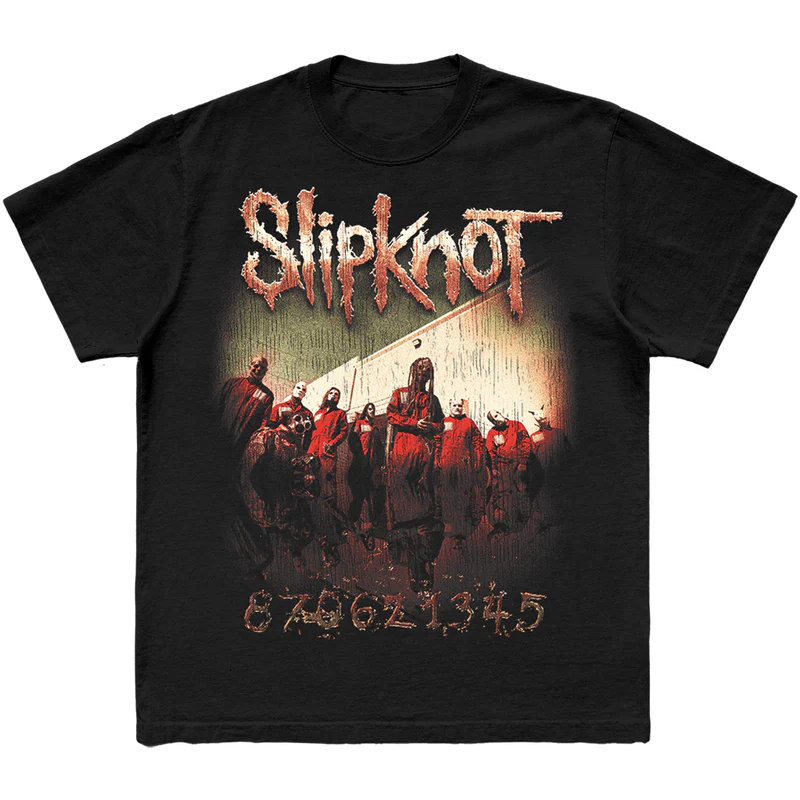 Black t-shirt with band portrait on front and tribal S with 25th Anniversary Here Comes The Pain World Tour cities listed on back